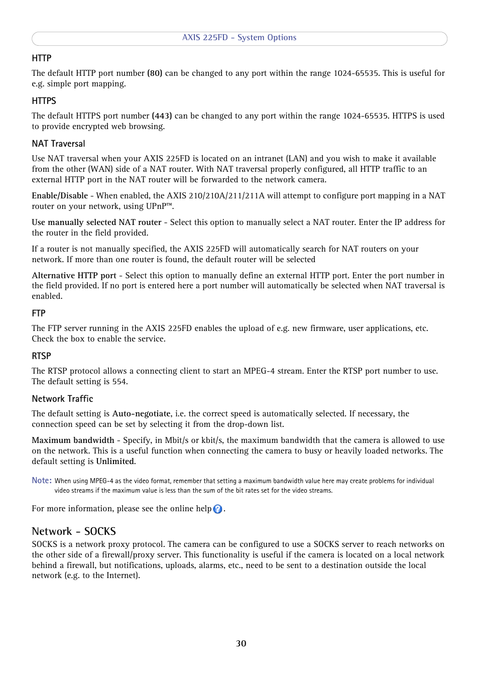 Network - socks | Axis Communications AXIS 225FD User Manual | Page 30 / 49