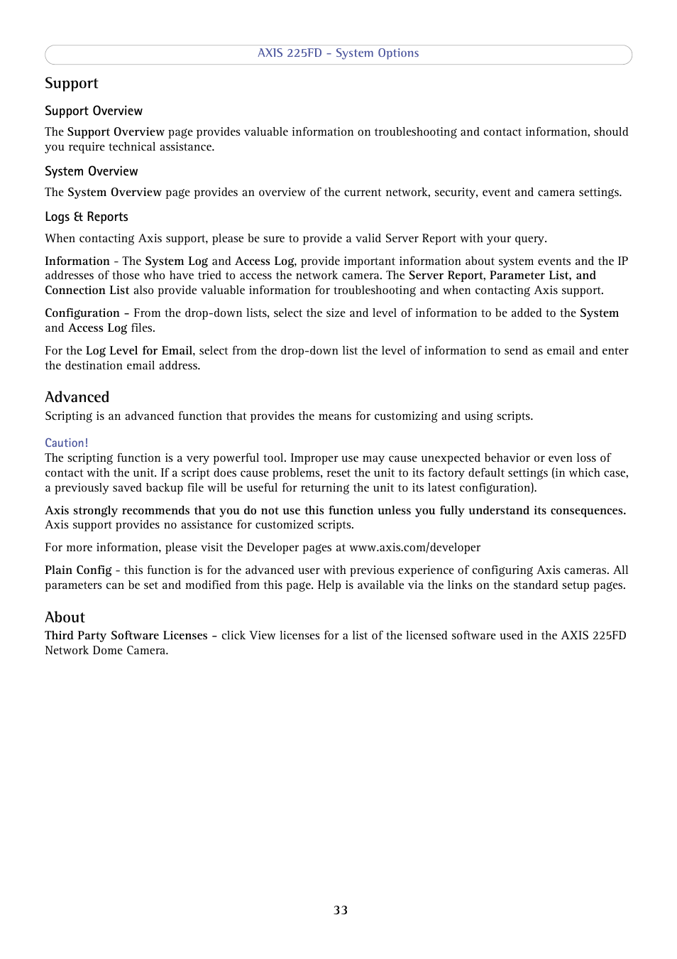 Support, Advanced, About | Axis Communications AXIS 225FD User Manual | Page 33 / 49