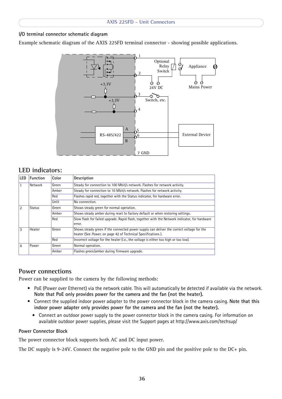 Led indicators, Power connections, Led indicators: power connections | Axis Communications AXIS 225FD User Manual | Page 36 / 49