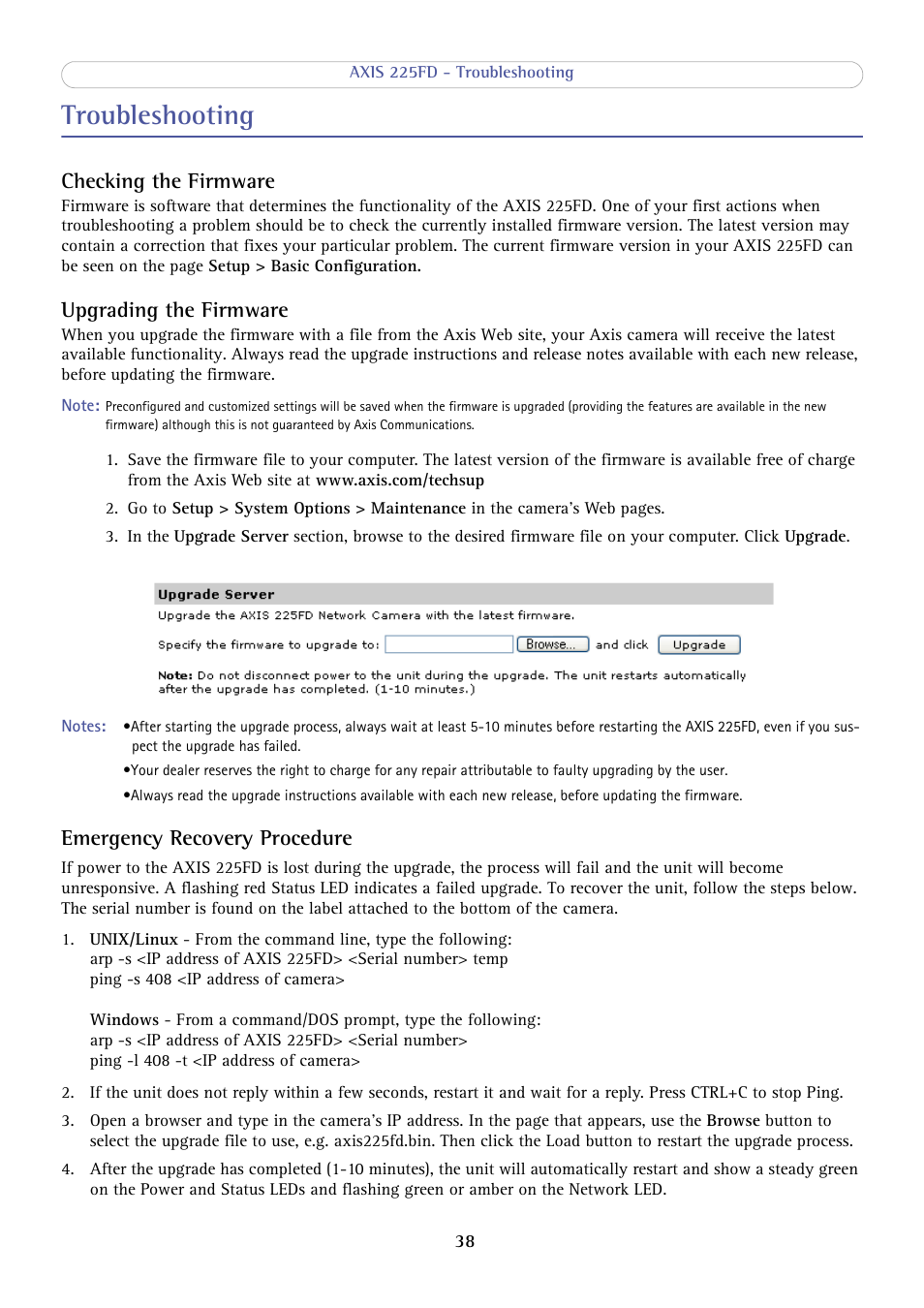 Troubleshooting, Checking the firmware, Upgrading the firmware | Emergency recovery procedure | Axis Communications AXIS 225FD User Manual | Page 38 / 49