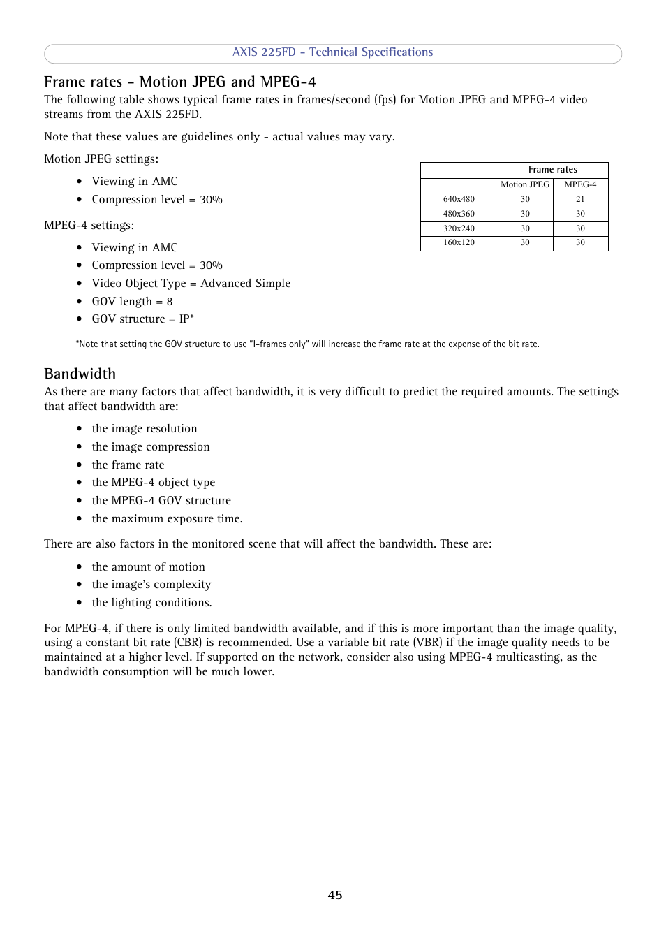 Frame rates - motion jpeg and mpeg-4, Bandwidth | Axis Communications AXIS 225FD User Manual | Page 45 / 49