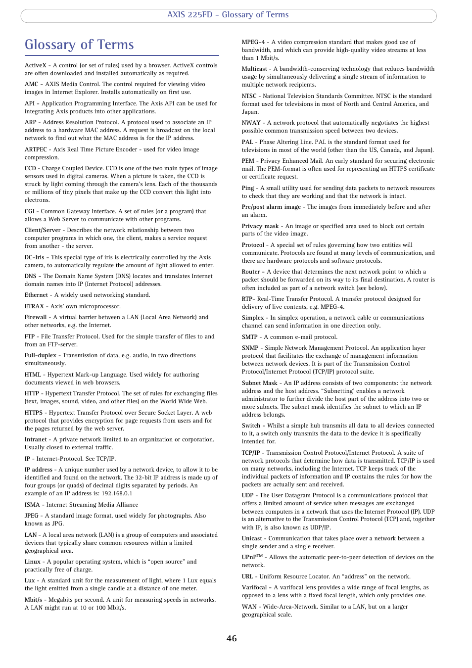 Glossary of terms | Axis Communications AXIS 225FD User Manual | Page 46 / 49