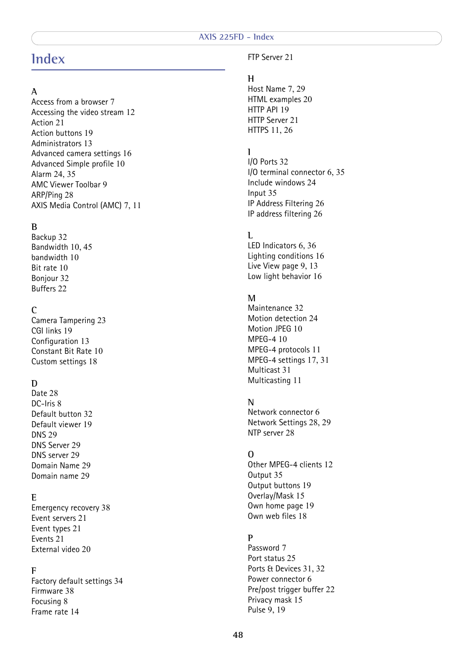 Index | Axis Communications AXIS 225FD User Manual | Page 48 / 49