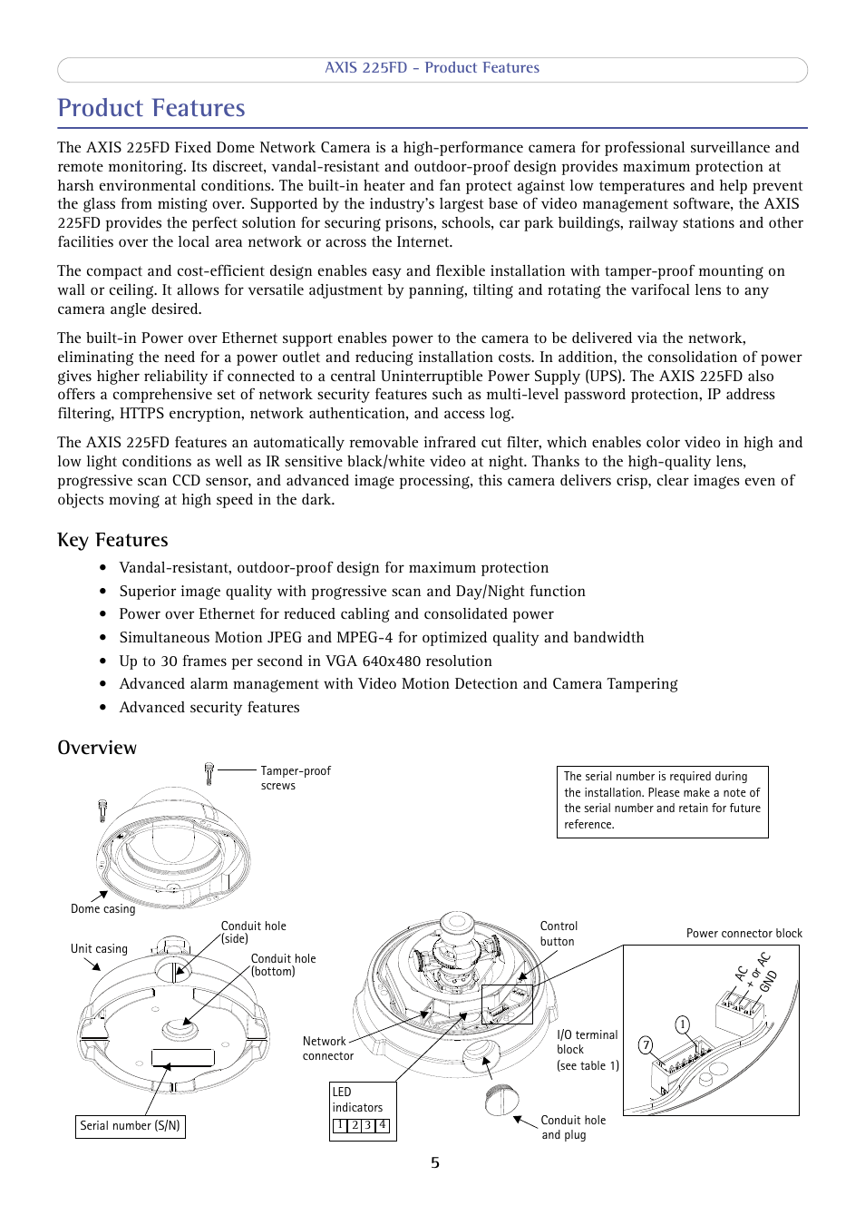 Product features, Key features, Overview | Axis Communications AXIS 225FD User Manual | Page 5 / 49