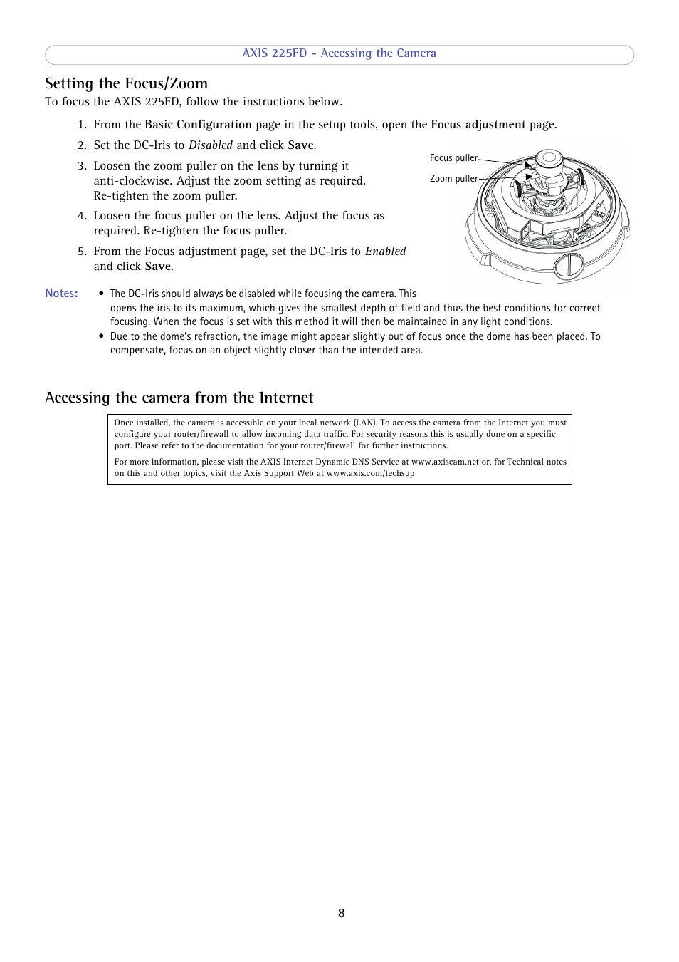 Setting the focus/zoom, Accessing the camera from the internet | Axis Communications AXIS 225FD User Manual | Page 8 / 49