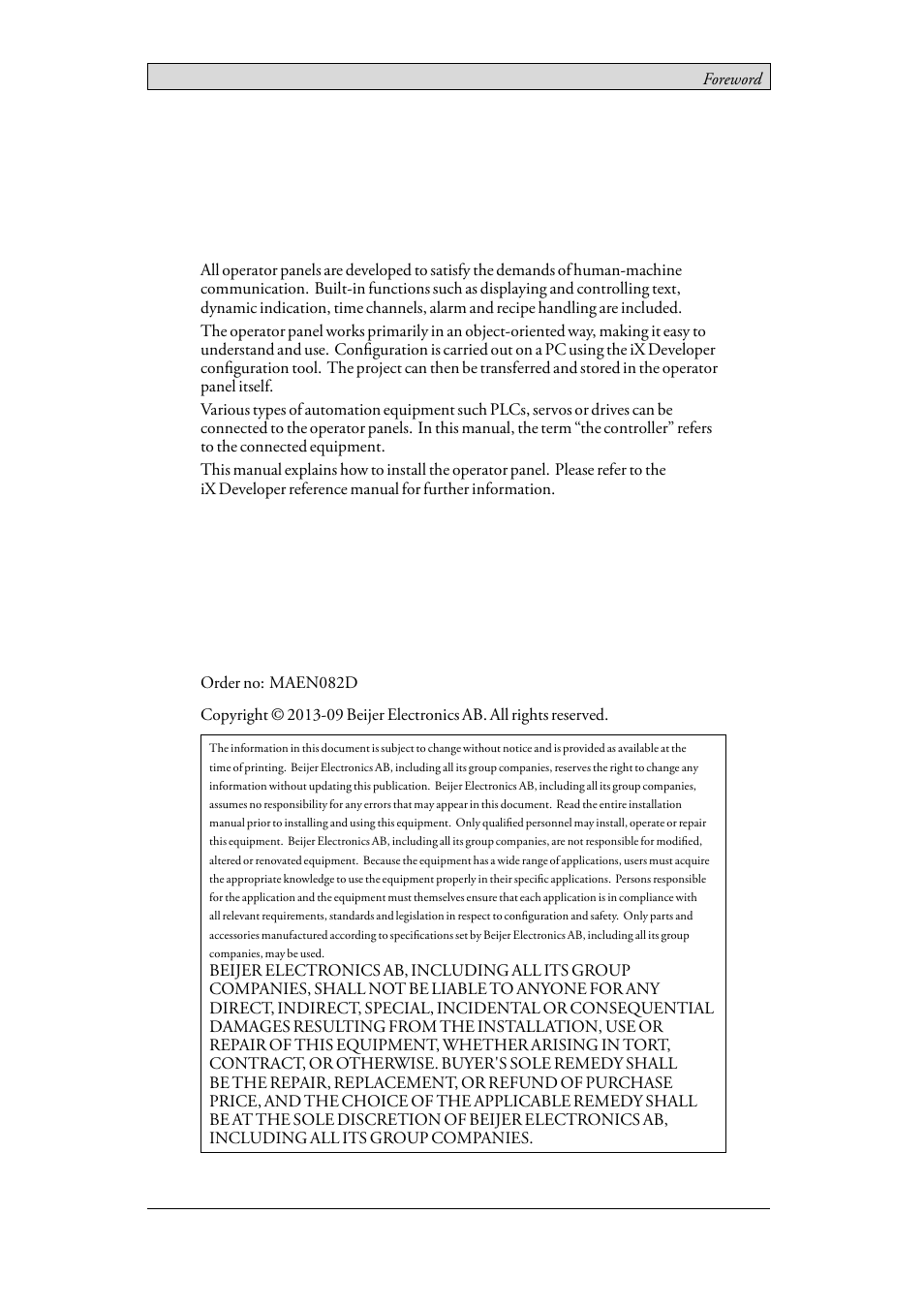 Foreword, Installation manual for ix t12c | Beijer Electronics iX T12C EN User Manual | Page 2 / 34
