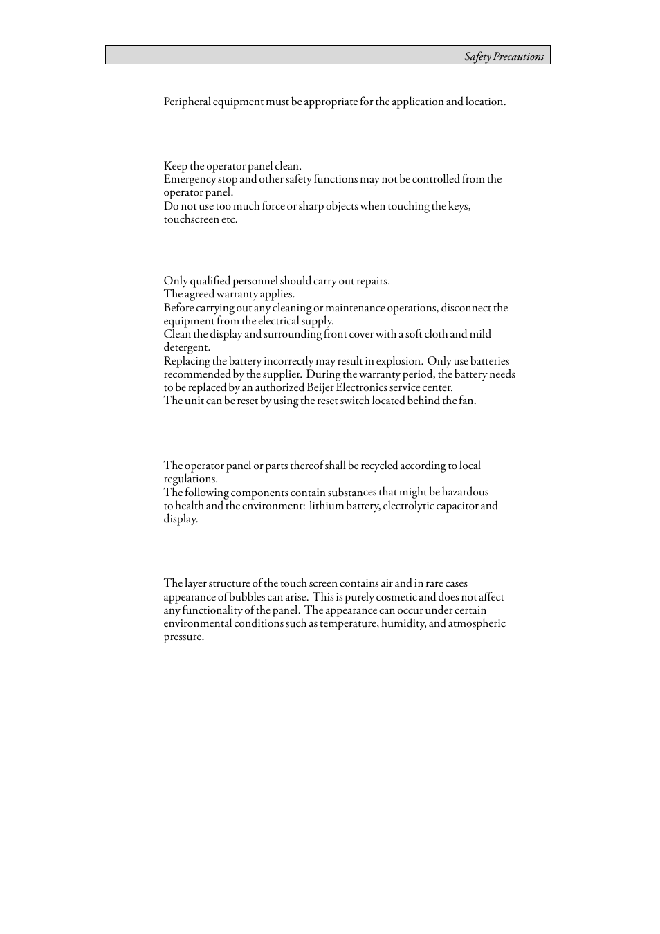 3 during use, 4 service and maintenance, 5 dismantling and scrapping | 6 appearance of air in touch screen, During use, Service and maintenance, Dismantling and scrapping, Appearance of air in touch screen | Beijer Electronics iX T12C EN User Manual | Page 5 / 34