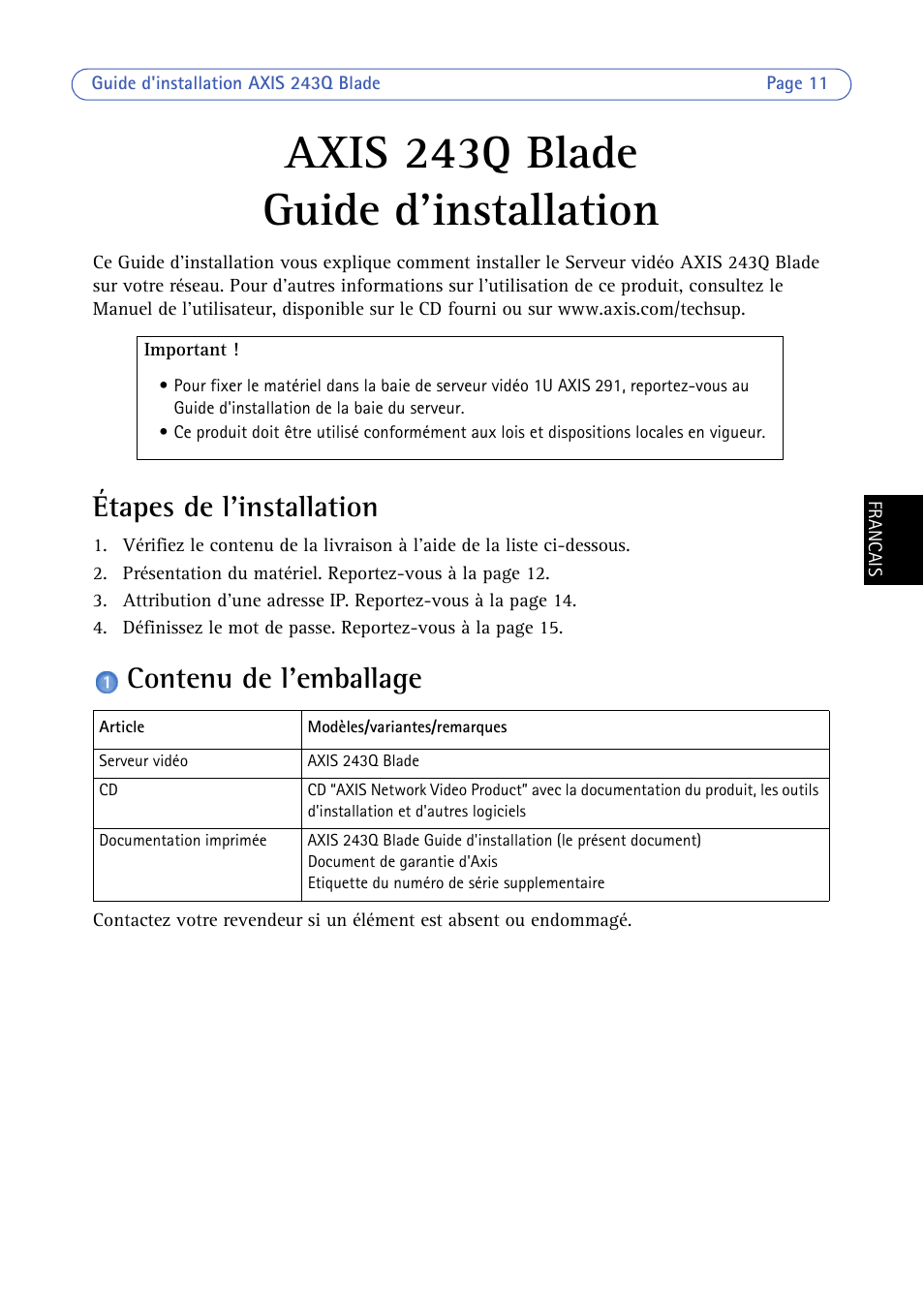 Axis 243q blade guide d'installation, Étapes de l'installation, Contenu de l'emballage | Axis Communications BLADE VIDEO SERVER AXIS 243Q User Manual | Page 11 / 43