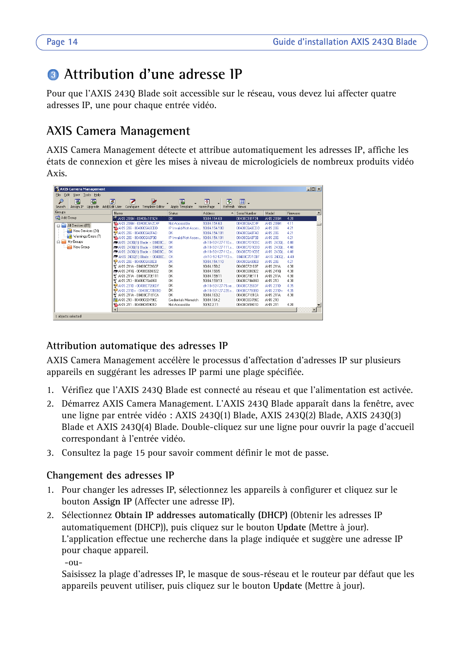 Attribution d'une adresse ip, Axis camera management | Axis Communications BLADE VIDEO SERVER AXIS 243Q User Manual | Page 14 / 43