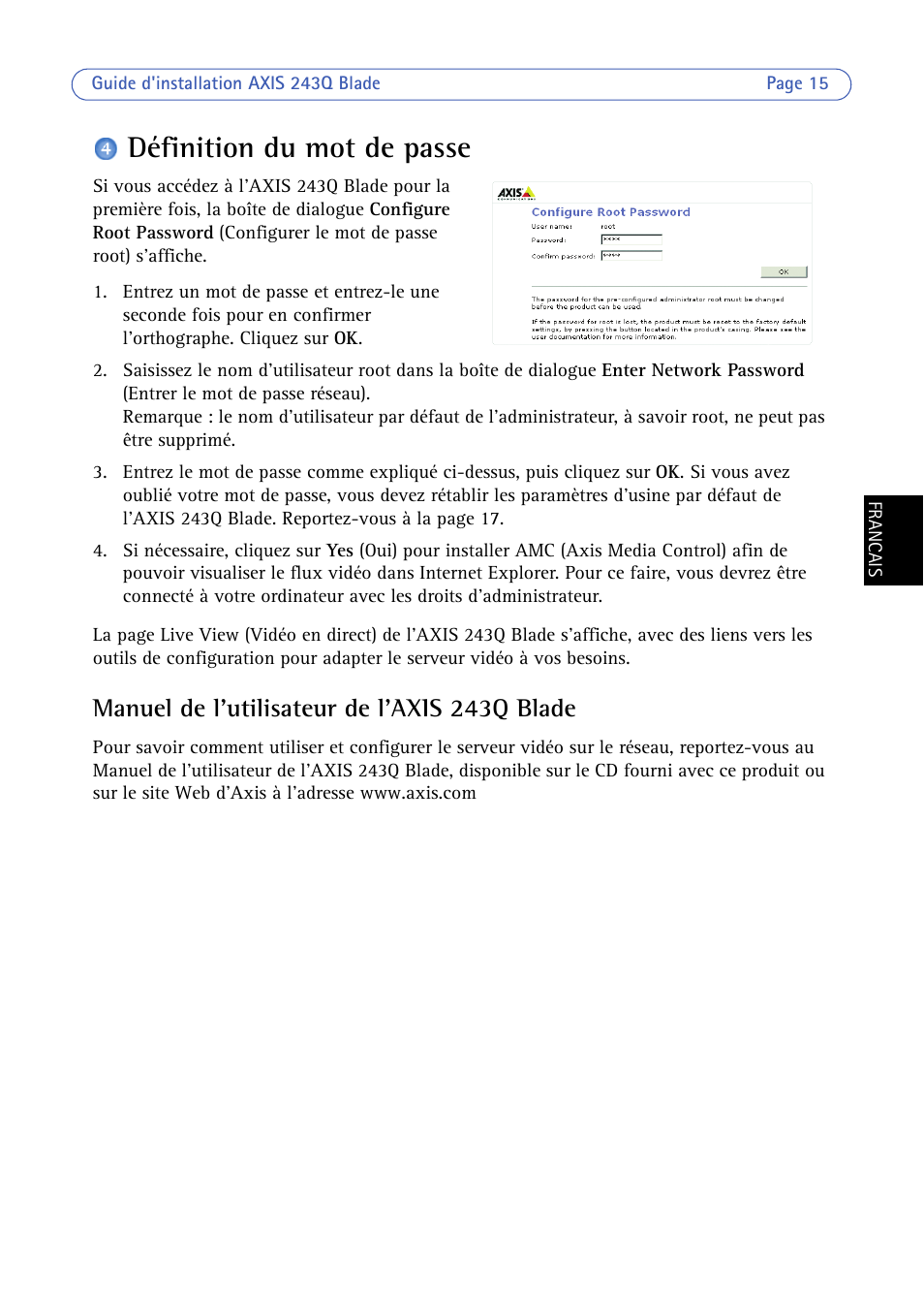 Définition du mot de passe, Manuel de l'utilisateur de l'axis 243q blade | Axis Communications BLADE VIDEO SERVER AXIS 243Q User Manual | Page 15 / 43