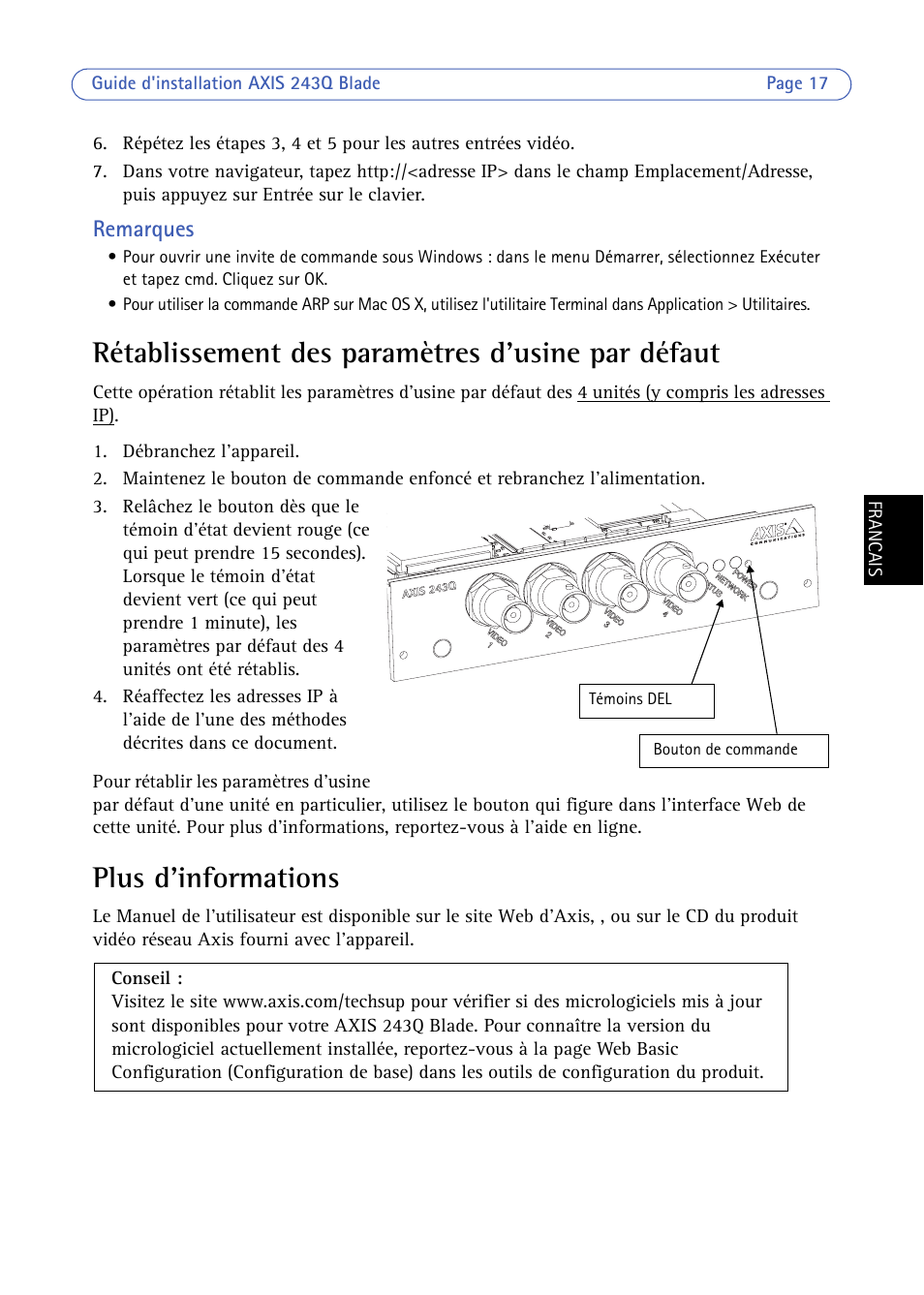 Rétablissement des paramètres d'usine par défaut, Plus d'informations | Axis Communications BLADE VIDEO SERVER AXIS 243Q User Manual | Page 17 / 43