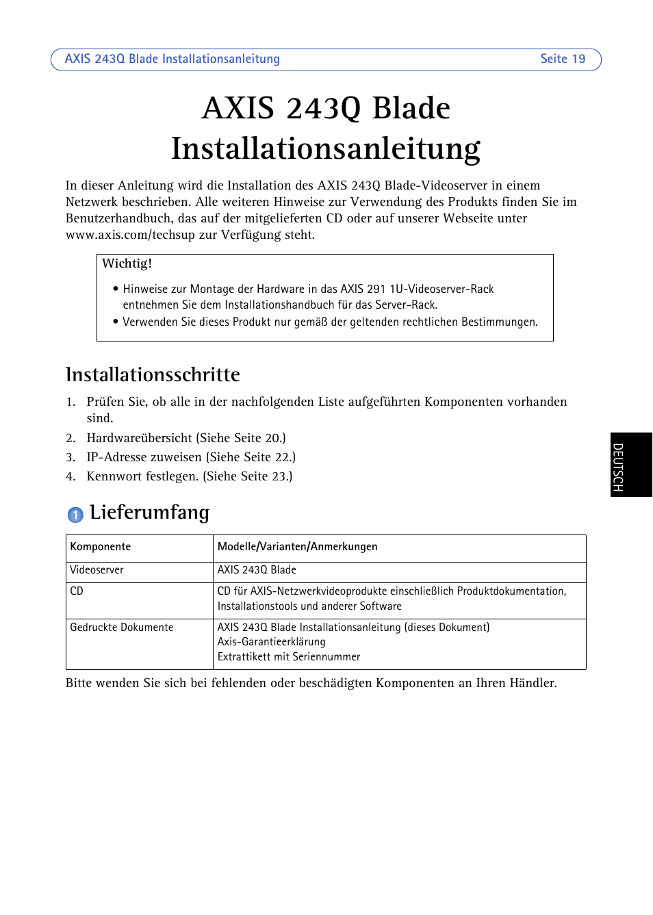 Axis 243q blade installationsanleitung, Installationsschritte, Lieferumfang | Axis 243q blade, Installationsanleitung | Axis Communications BLADE VIDEO SERVER AXIS 243Q User Manual | Page 19 / 43
