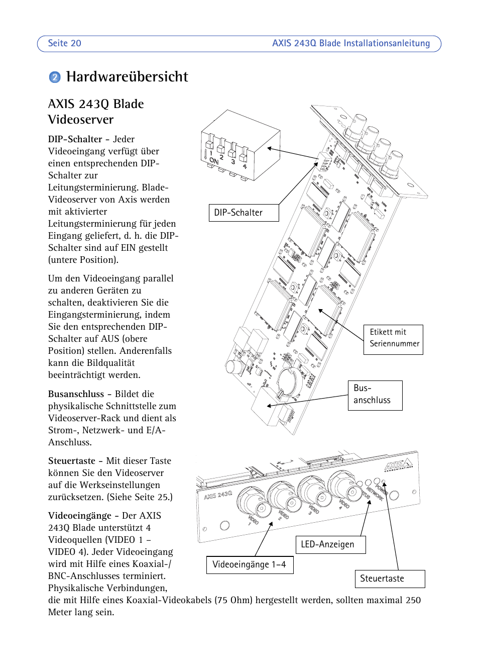 Hardwareübersicht, Axis 243q blade videoserver | Axis Communications BLADE VIDEO SERVER AXIS 243Q User Manual | Page 20 / 43