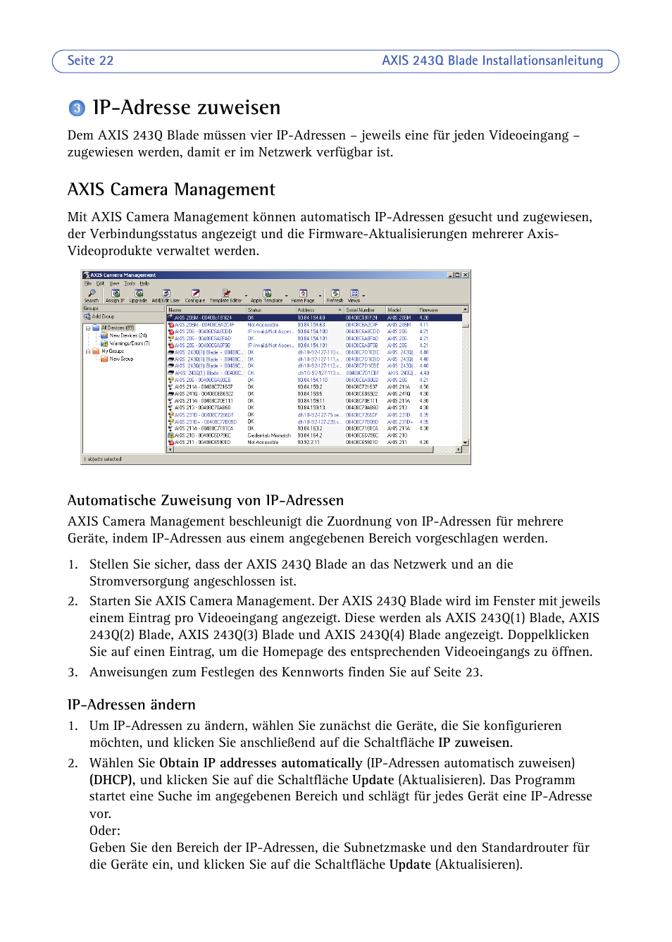 Ip-adresse zuweisen, Axis camera management | Axis Communications BLADE VIDEO SERVER AXIS 243Q User Manual | Page 22 / 43
