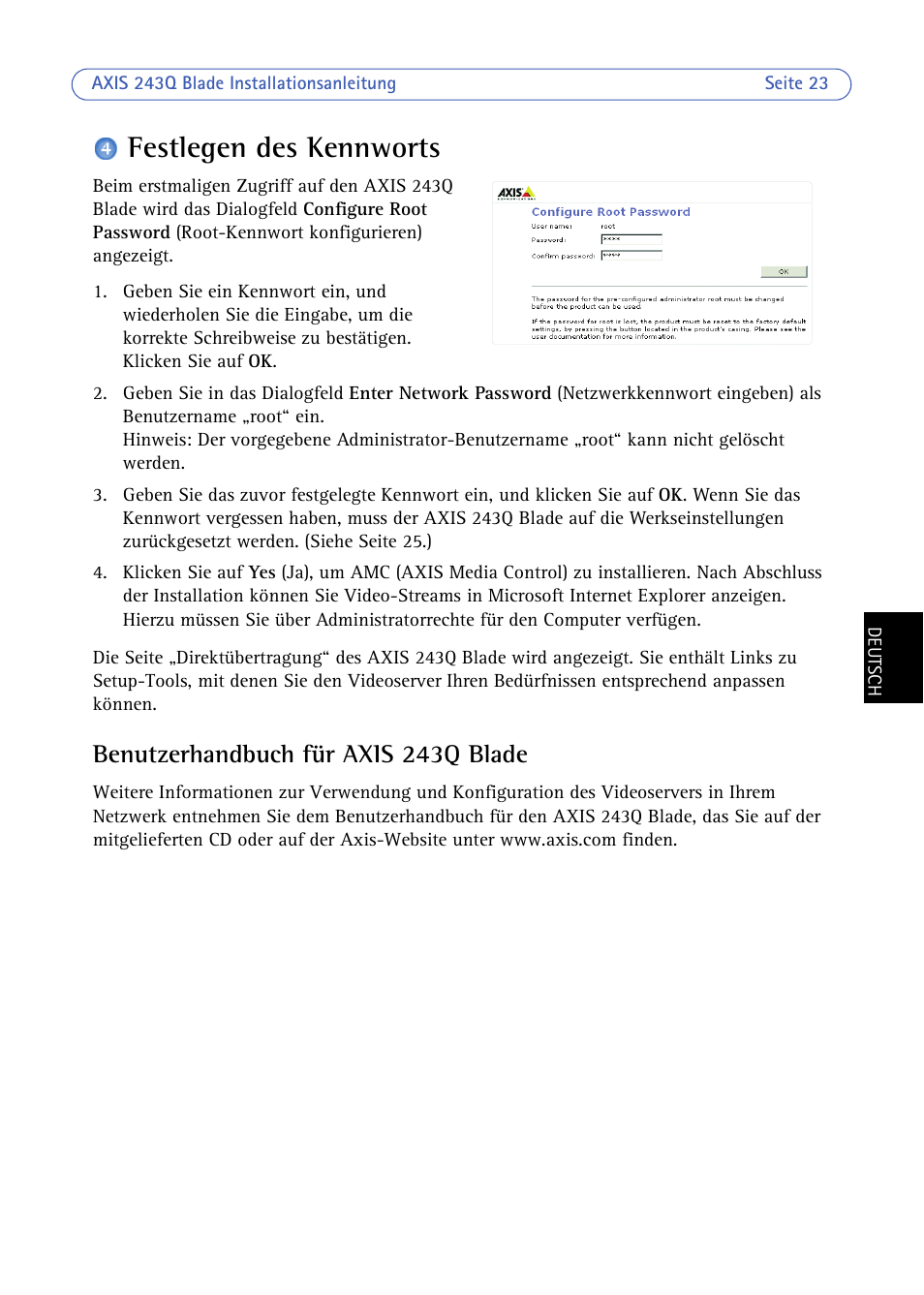 Festlegen des kennworts, Benutzerhandbuch für axis 243q blade | Axis Communications BLADE VIDEO SERVER AXIS 243Q User Manual | Page 23 / 43