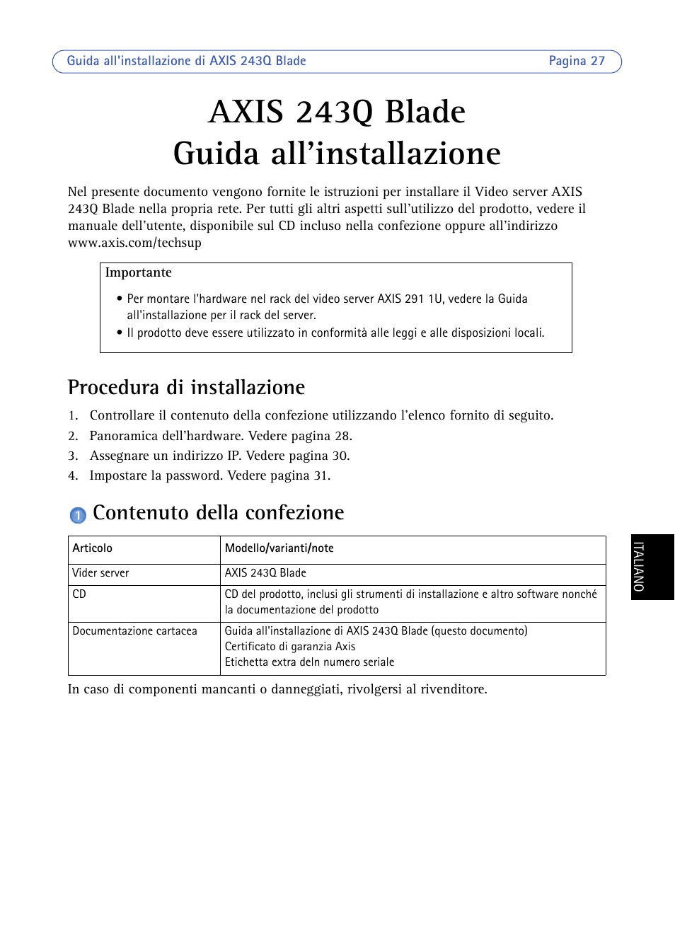 Axis 243q blade guida all'installazione, Procedura di installazione, Contenuto della confezione | Axis 243q blade, Guida all'installazione | Axis Communications BLADE VIDEO SERVER AXIS 243Q User Manual | Page 27 / 43