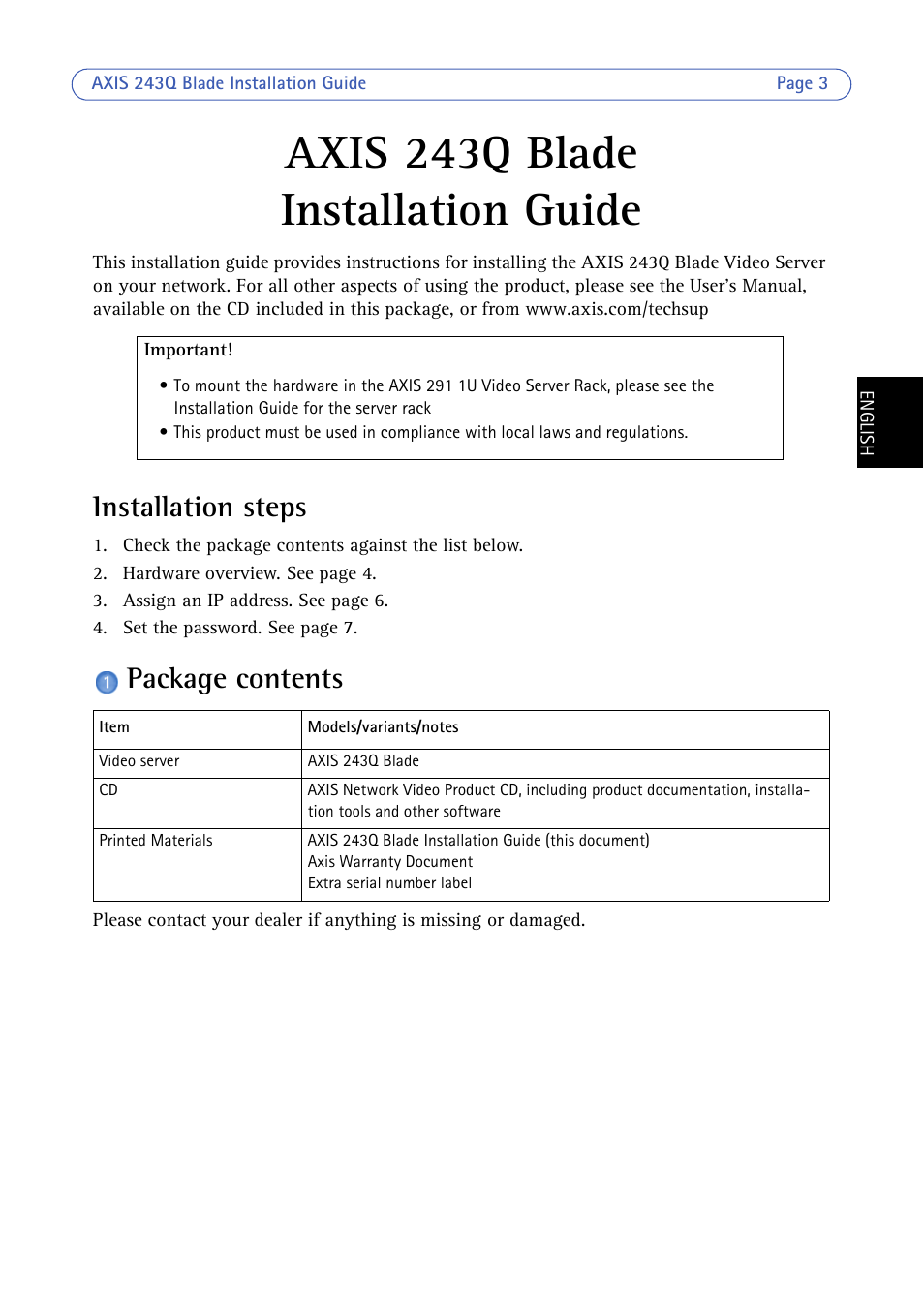 Axis 243q blade installation guide, Installation steps, Package contents | Axis 243q blade, Installation guide | Axis Communications BLADE VIDEO SERVER AXIS 243Q User Manual | Page 3 / 43