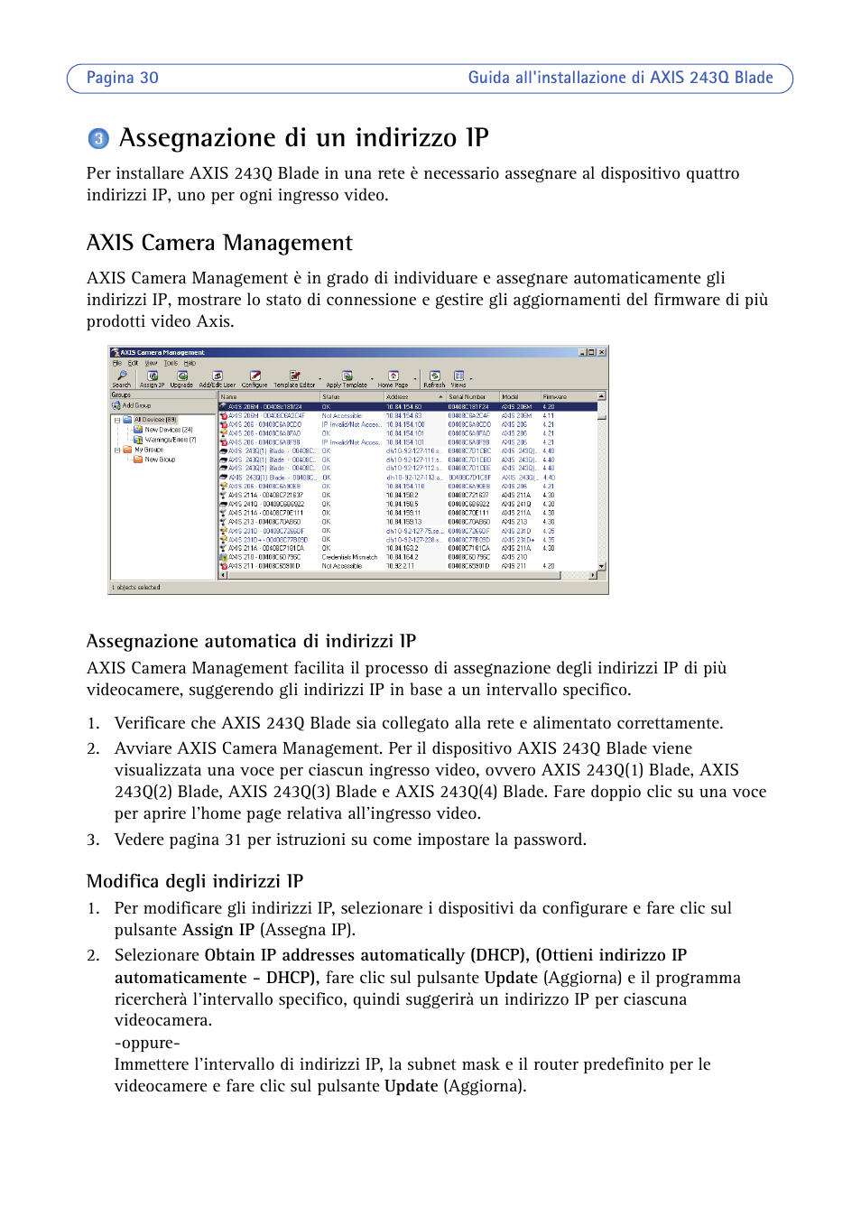 Assegnazione di un indirizzo ip, Axis camera management | Axis Communications BLADE VIDEO SERVER AXIS 243Q User Manual | Page 30 / 43