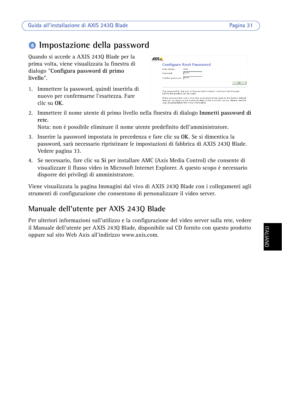 Impostazione della password, Manuale dell'utente per axis 243q blade | Axis Communications BLADE VIDEO SERVER AXIS 243Q User Manual | Page 31 / 43