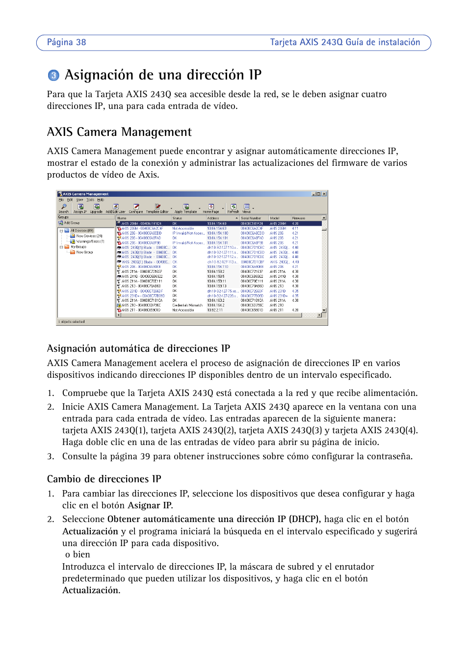 Asignación de una dirección ip, Axis camera management | Axis Communications BLADE VIDEO SERVER AXIS 243Q User Manual | Page 38 / 43