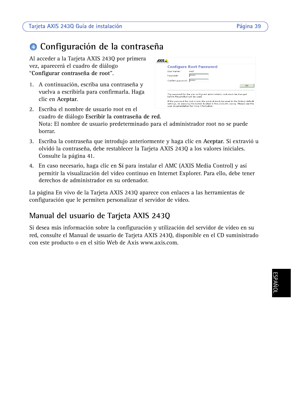 Configuración de la contraseña, Manual del usuario de tarjeta axis 243q | Axis Communications BLADE VIDEO SERVER AXIS 243Q User Manual | Page 39 / 43