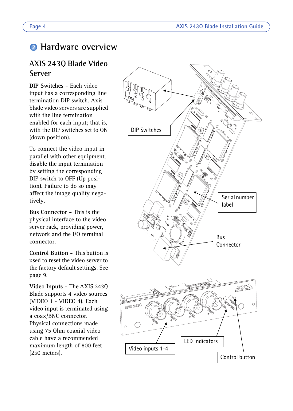 Hardware overview, Axis 243q blade video server | Axis Communications BLADE VIDEO SERVER AXIS 243Q User Manual | Page 4 / 43
