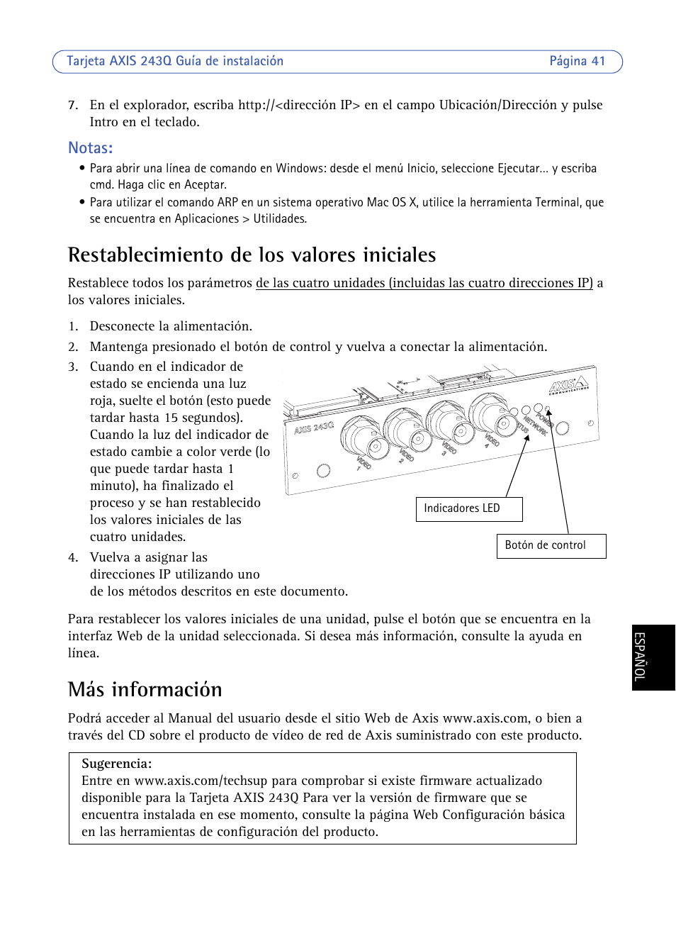 Restablecimiento de los valores iniciales, Más información | Axis Communications BLADE VIDEO SERVER AXIS 243Q User Manual | Page 41 / 43