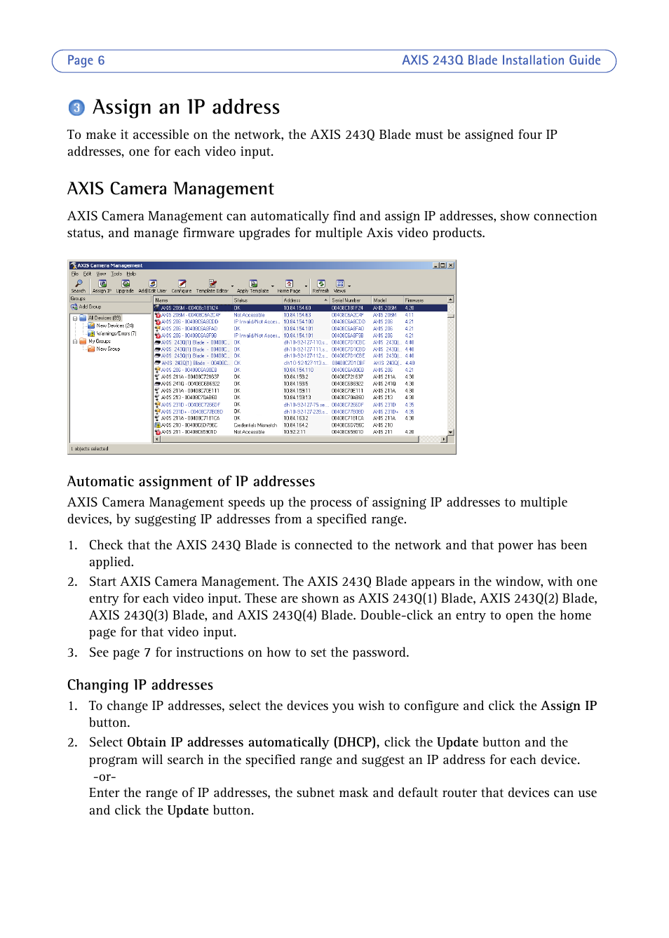 Assign an ip address, Axis camera management | Axis Communications BLADE VIDEO SERVER AXIS 243Q User Manual | Page 6 / 43