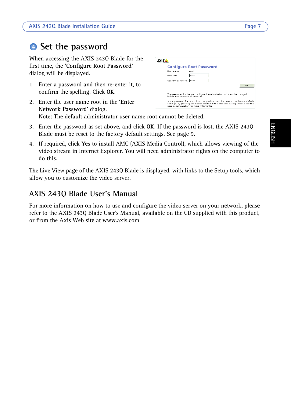 Set the password, Axis 243q blade user’s manual | Axis Communications BLADE VIDEO SERVER AXIS 243Q User Manual | Page 7 / 43