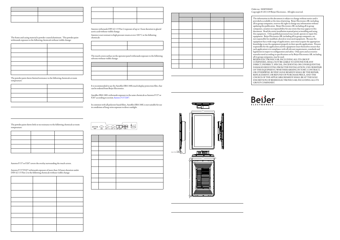 4chemical resistance, 1metal casing, 2touch screen and overlay | 1autotex f157/207, Solvent resistance, 2touch screen surface, 3autotex, Outdoor use, 5operator panel drawings, 1connectors | Beijer Electronics iX T21C EN User Manual | Page 2 / 2