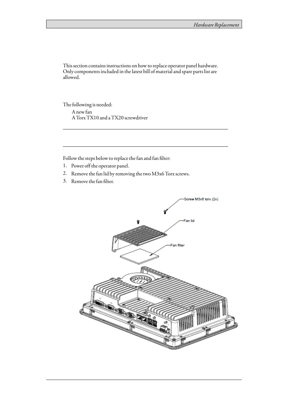 3 hardware replacement, 1 replacing the fan and filter, Replacing the fan and filter | 3hardware replacement | Beijer Electronics iX T21C EN User Manual | Page 10 / 34