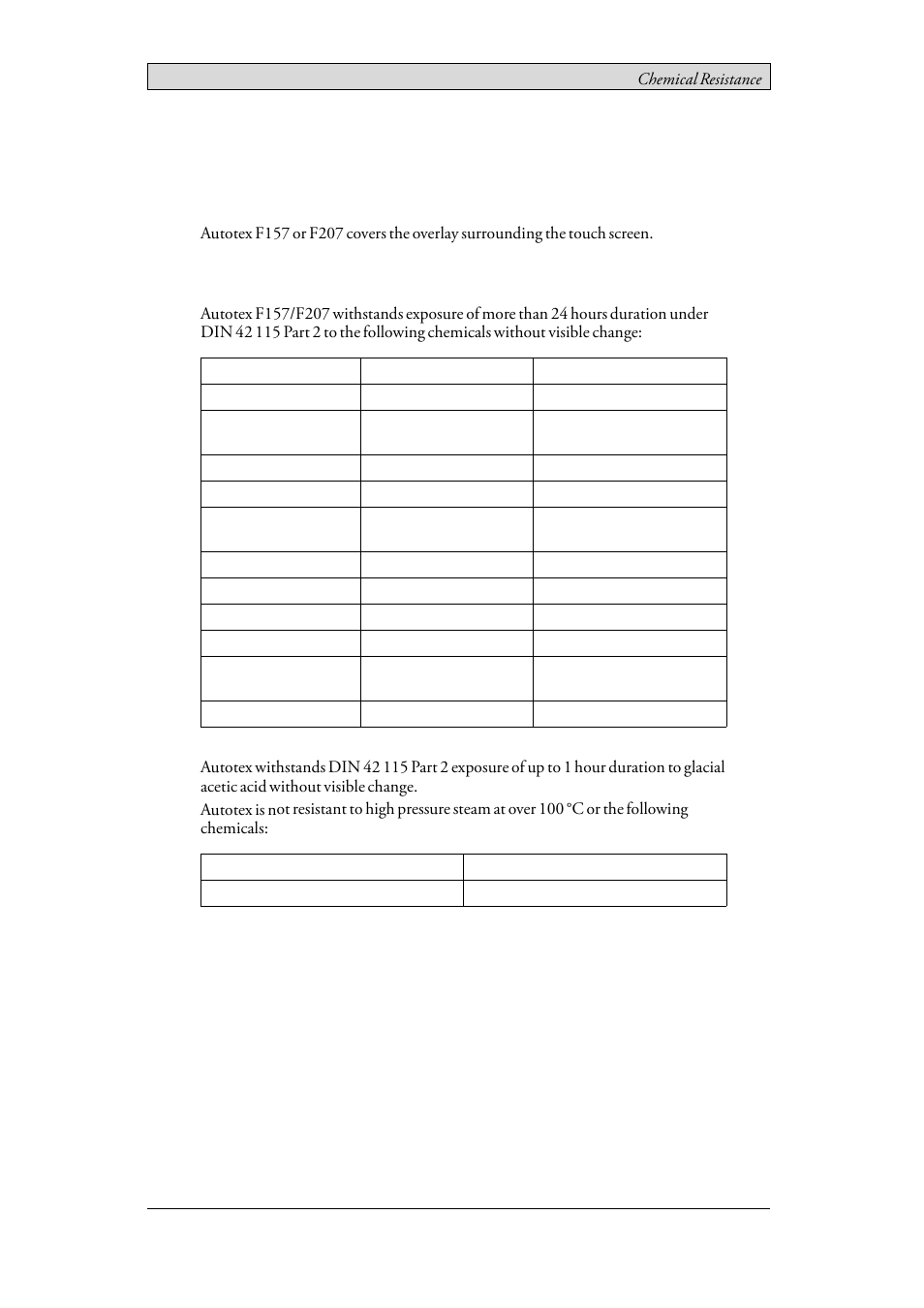 2 touch screen and overlay, 1 autotex f157/207, Touch screen and overlay | Autotex f157/207, Solvent resistance | Beijer Electronics iX T21C EN User Manual | Page 19 / 34