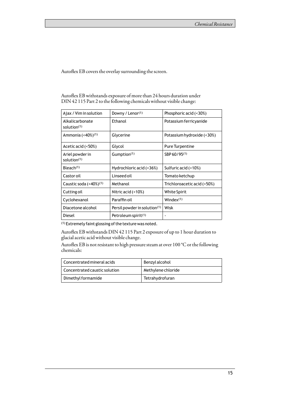 2 touch screen and overlay, 1 autoflex eb, Touch screen and overlay | Autoﬂex eb, Solvent resistance | Beijer Electronics T15BR EN User Manual | Page 15 / 28