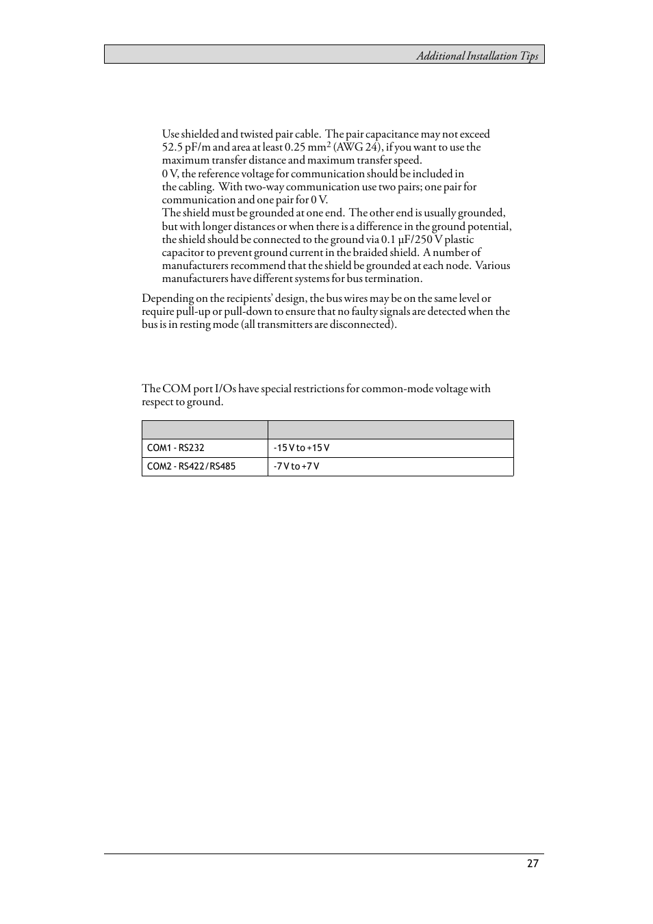 7 cable and bus termination rs485, 8 com port common-mode voltage, Cable and bus termination rs485 | Com port common-mode voltage | Beijer Electronics T15BR EN User Manual | Page 27 / 28