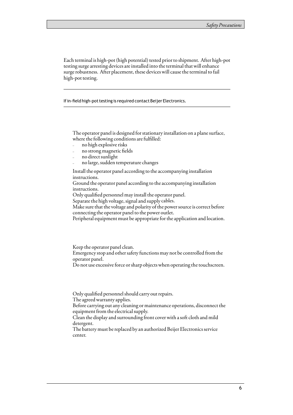 3 high potential testing, 4 during installation, 5 during use | 6 service and maintenance, High potential testing, During installation, During use, Service and maintenance | Beijer Electronics T15BR EN User Manual | Page 6 / 28