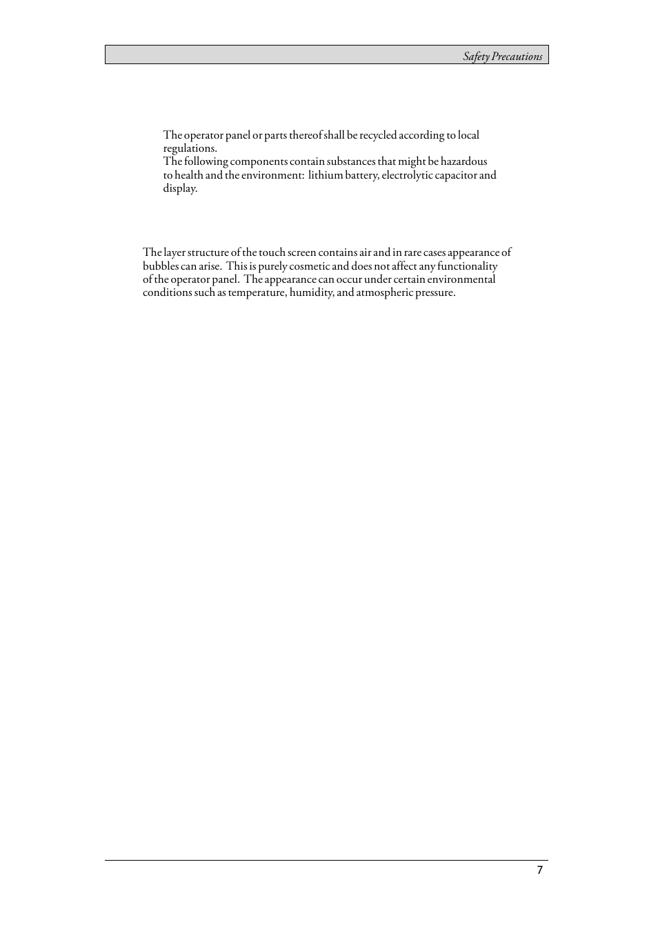 7 dismantling and scrapping, 8 appearance of air in touch screen, Dismantling and scrapping | Appearance of air in touch screen | Beijer Electronics T15BR EN User Manual | Page 7 / 28