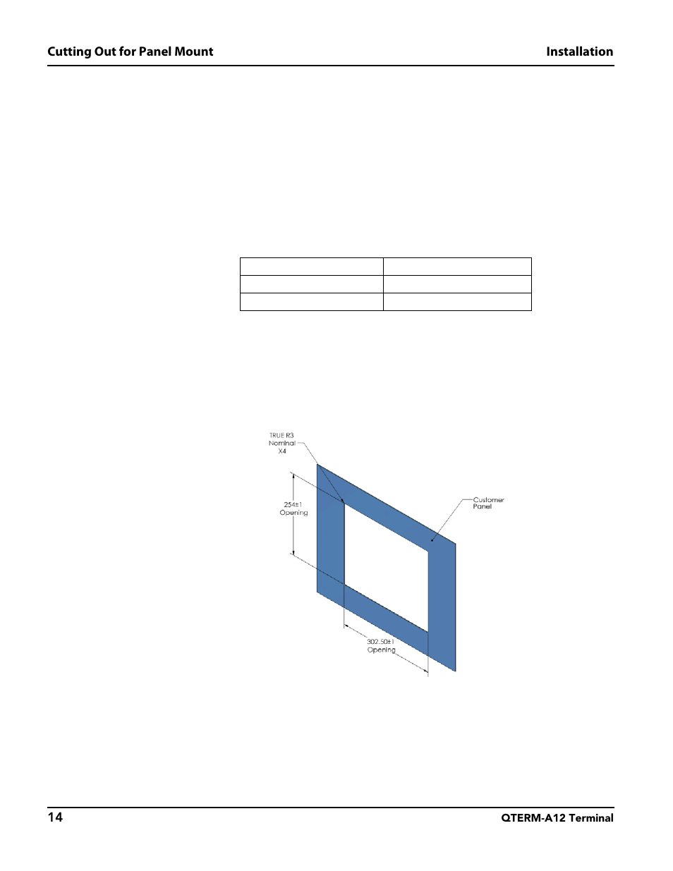 1 cutting out for panel mount, 1 standard version cutout, Section 5.1, “cutting out for panel mount | For spec | Beijer Electronics QTERM®-A12 User Manual | Page 20 / 38
