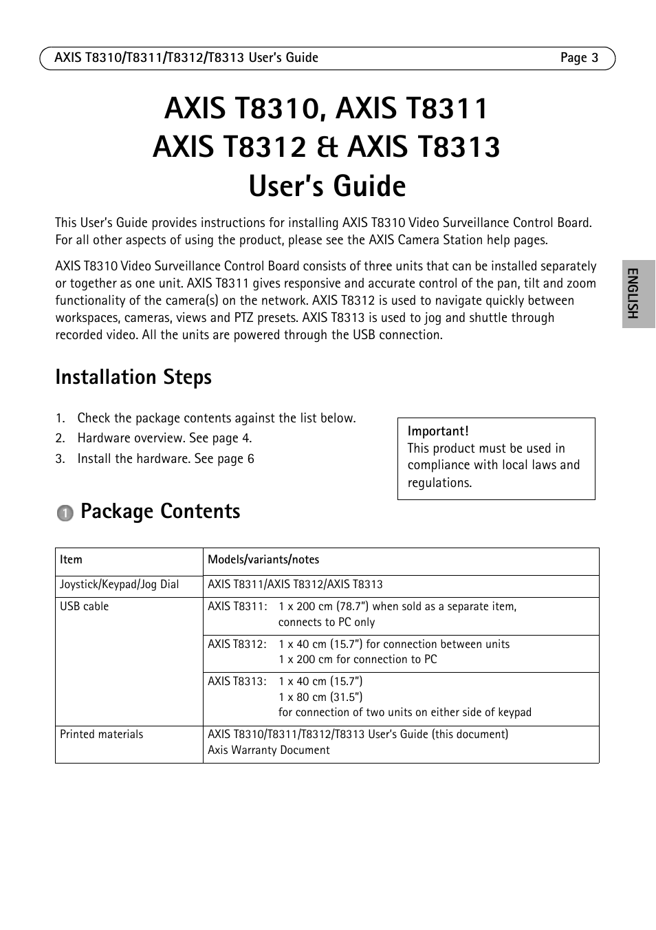 Installation steps, Package contents | Axis Communications AXIS T8312 User Manual | Page 3 / 10