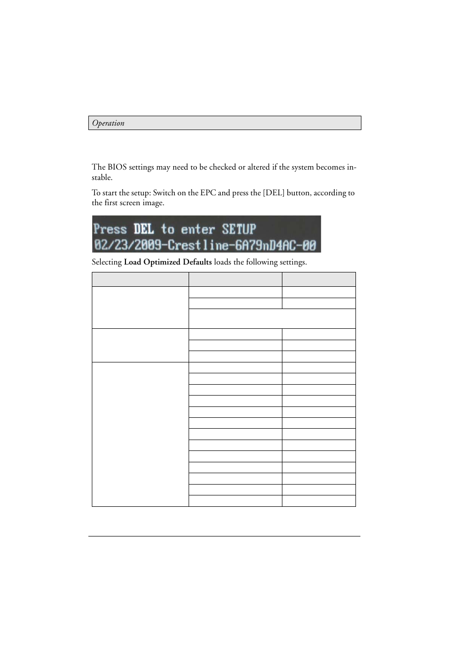 2 default bios settings, Default bios settings | Beijer Electronics EPC C2D Box Nautic EN User Manual | Page 20 / 49