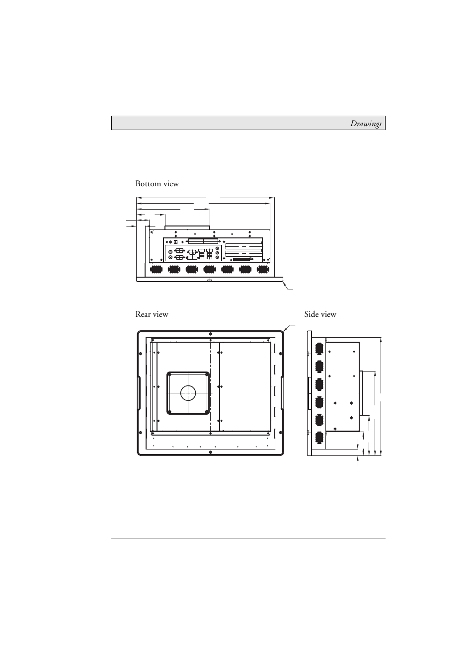 3 epc t150/150 c2d nautic outline drawings, Epc t150/150 c2d nautic outline drawings, Drawings | Bottom view rear view side view | Beijer Electronics EPC C2D Box Nautic EN User Manual | Page 41 / 49