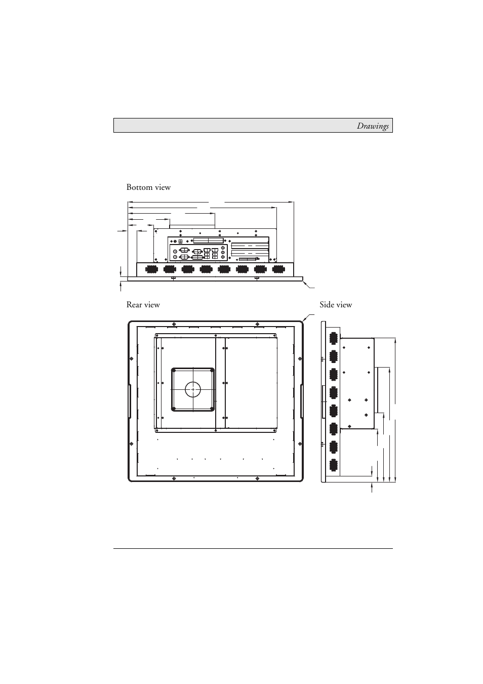 9 epc t190/190 c2d nautic outline drawings, Epc t190/190 c2d nautic outline drawings, Drawings | Bottom view rear view side view | Beijer Electronics EPC C2D Box Nautic EN User Manual | Page 47 / 49