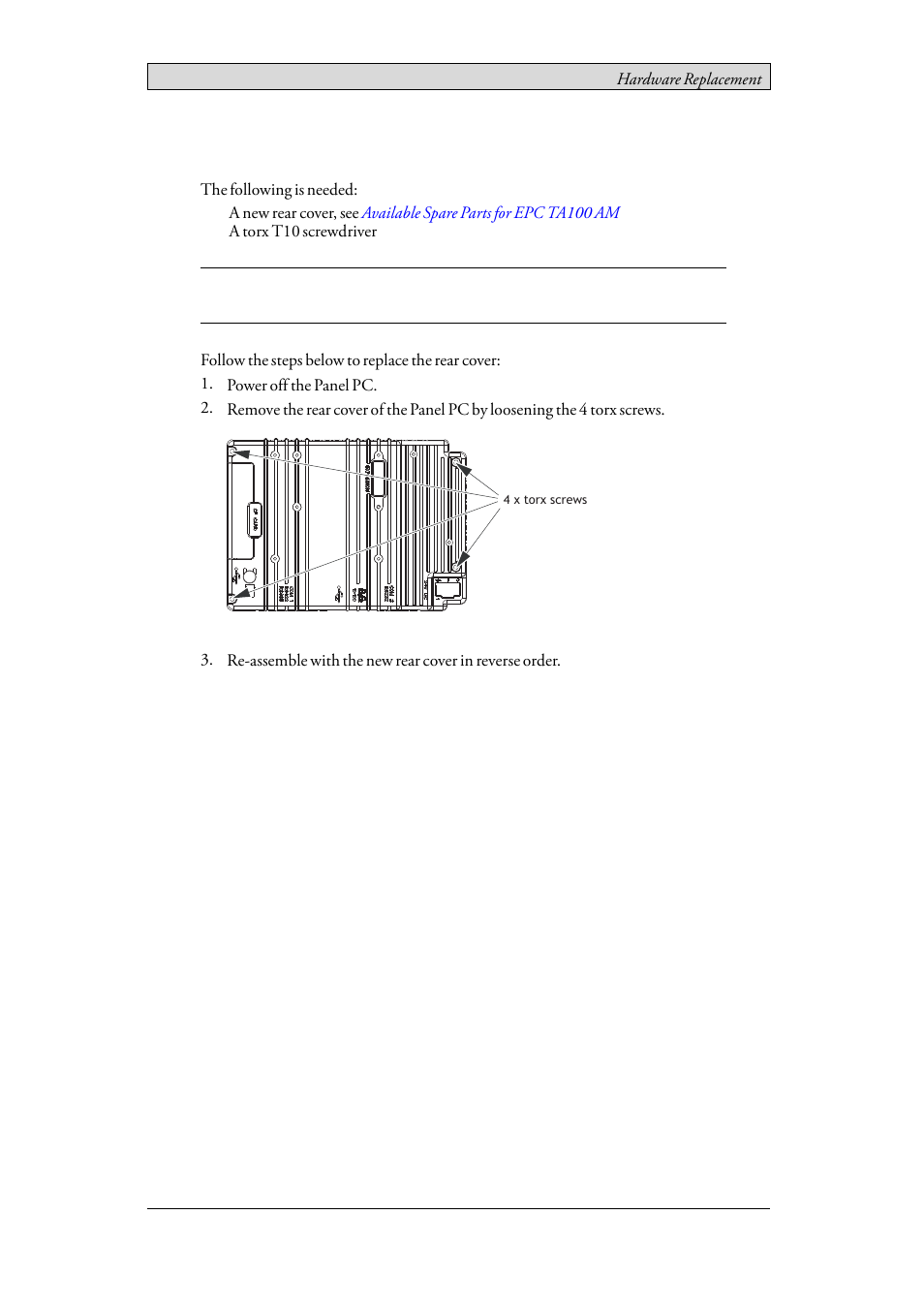 2 replacing the rear cover, Replacing the rear cover | Beijer Electronics EPC TA100 AM EN User Manual | Page 18 / 38