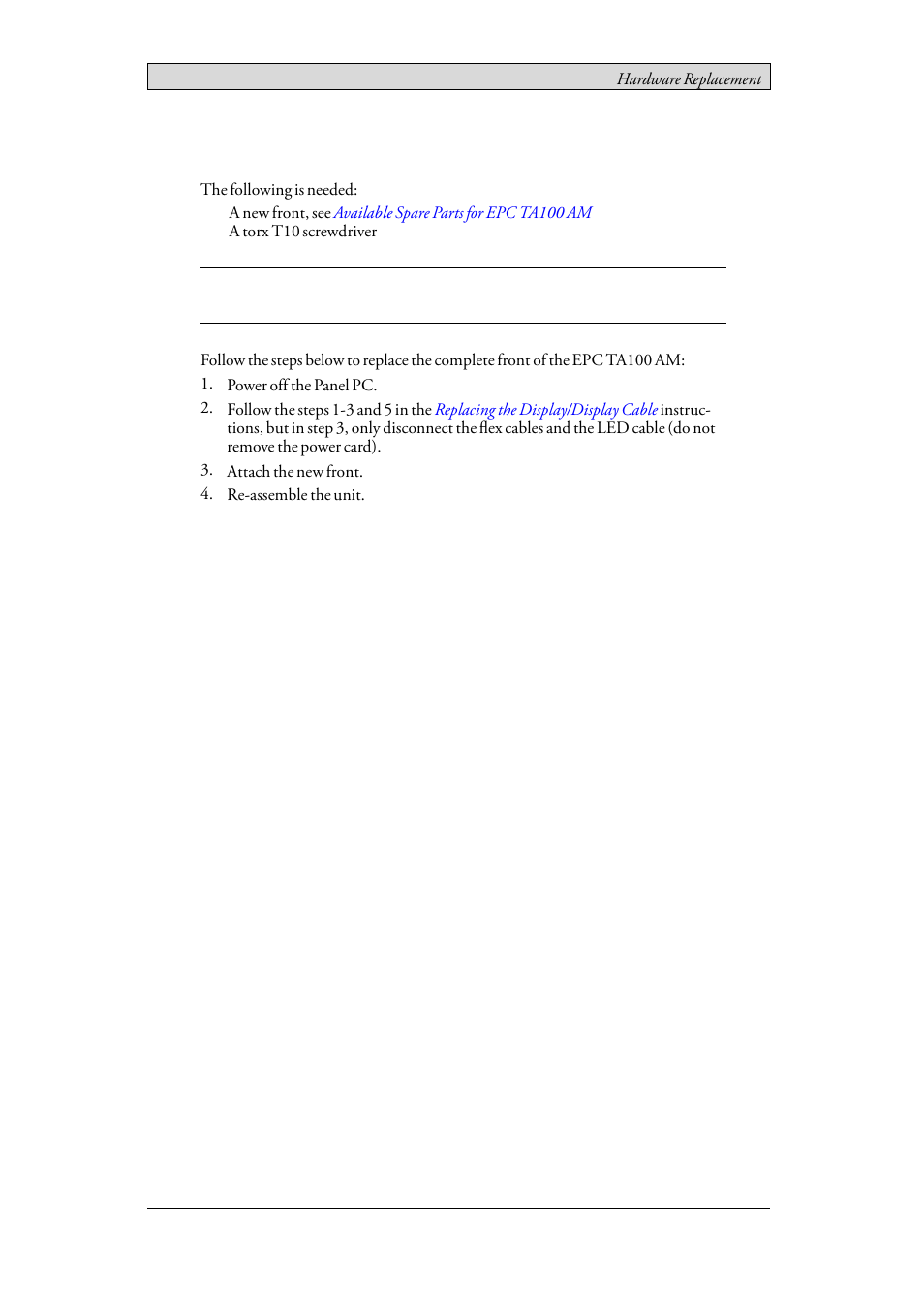 4 replacing the complete front, Replacing the complete front | Beijer Electronics EPC TA100 AM EN User Manual | Page 22 / 38