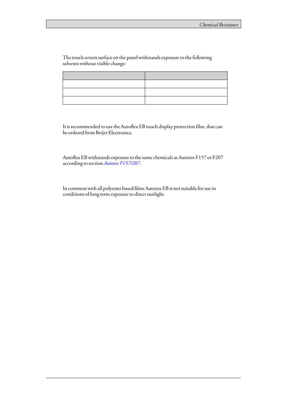 2 touch screen surface, 3 autoflex eb, Touch screen surface | Autoﬂex eb, Solvent resistance, Outdoor use | Beijer Electronics EPC TA150 AM EN User Manual | Page 12 / 22