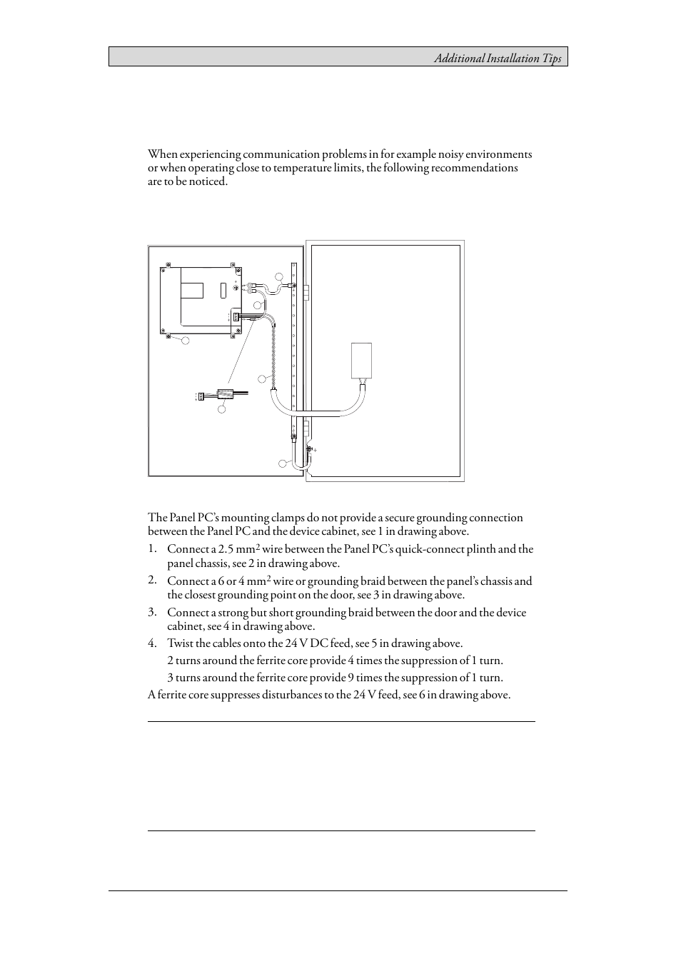 6 additional installation tips, 1 grounding the panel pc, Grounding the panel pc | 6additional installation tips | Beijer Electronics EPC TA150 AM EN User Manual | Page 15 / 22