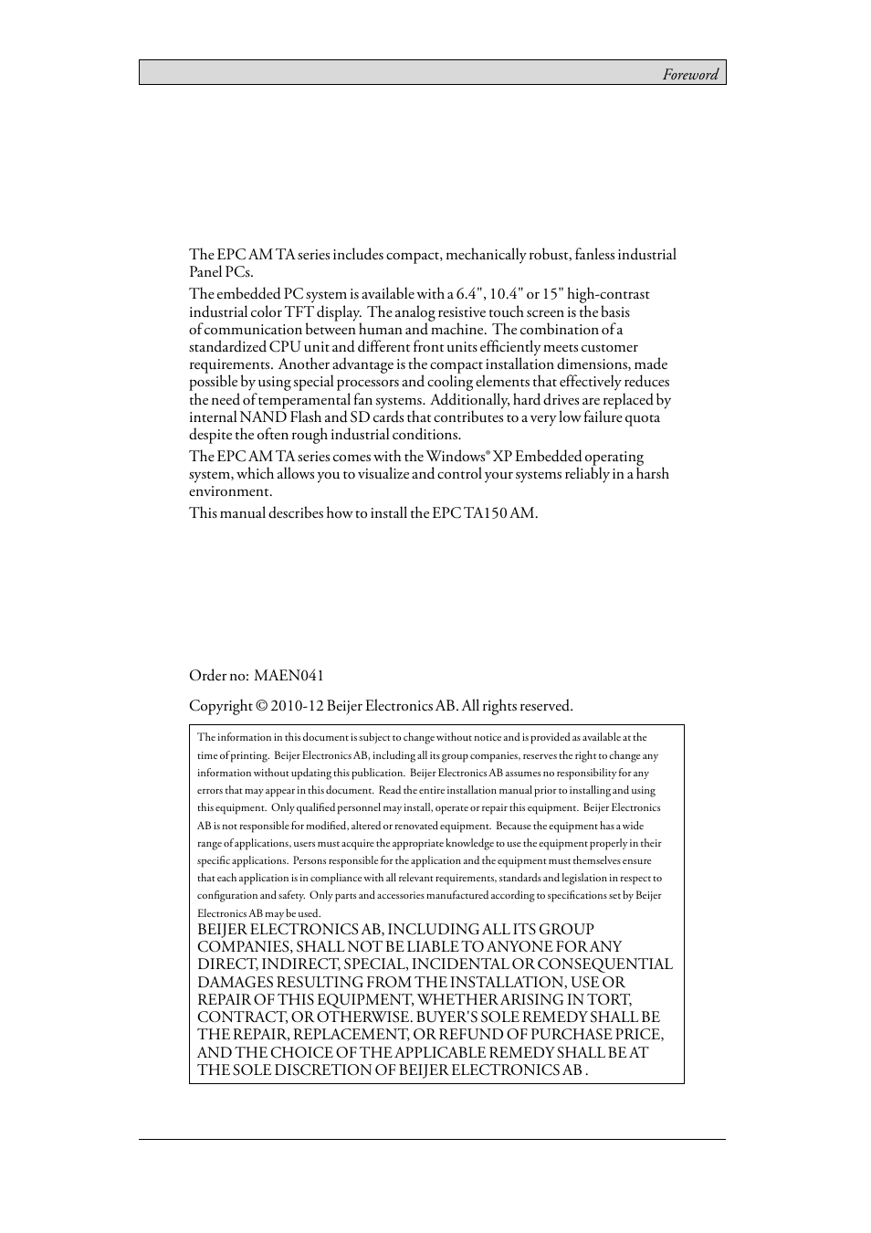 Foreword, Installation manual for epc ta150 am | Beijer Electronics EPC TA150 AM EN User Manual | Page 2 / 22