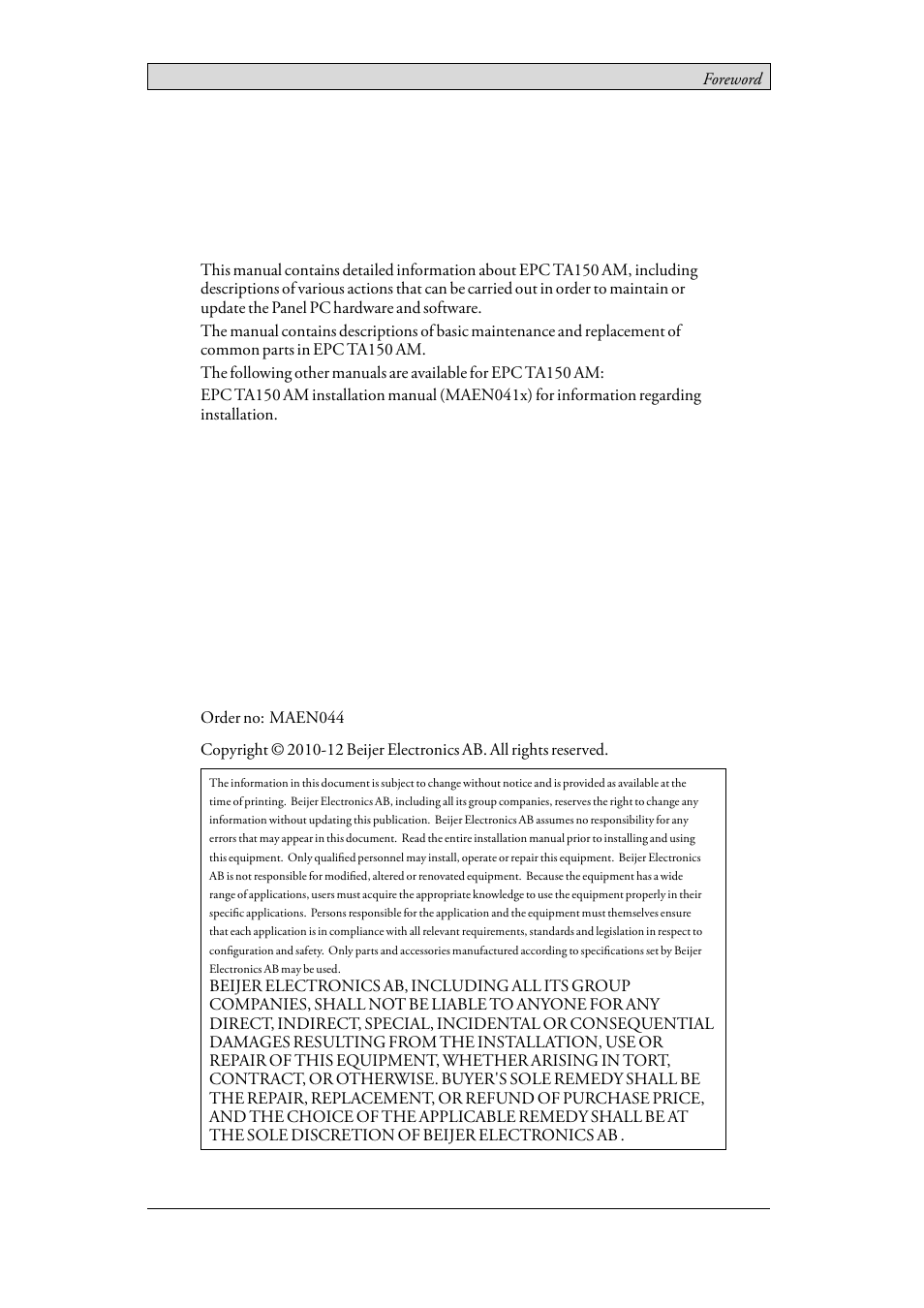 Foreword, Service & maintenance manual for epc ta150 am | Beijer Electronics EPC TA150 AM EN User Manual | Page 2 / 38