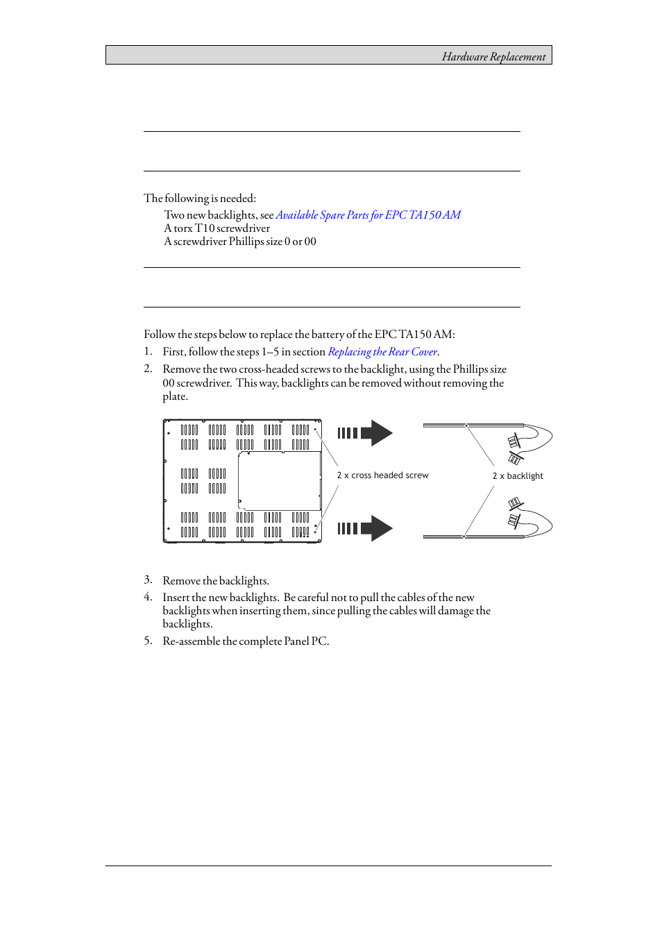 5 replacing the backlight, Replacing the backlight | Beijer Electronics EPC TA150 AM EN User Manual | Page 23 / 38