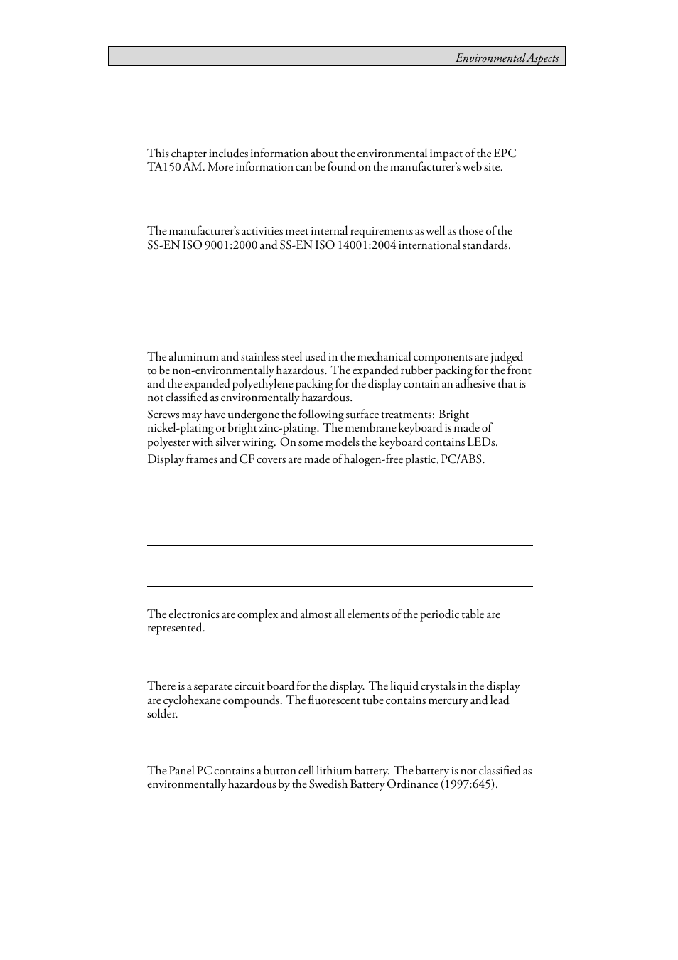 10 environmental aspects, 1 general environmental aspects, 2 environmental impact of the panel pcs | 1 mechanical components, 2 electronics, General environmental aspects, Environmental impact of the panel pcs, Mechanical components, Electronics | Beijer Electronics EPC TA150 AM EN User Manual | Page 36 / 38