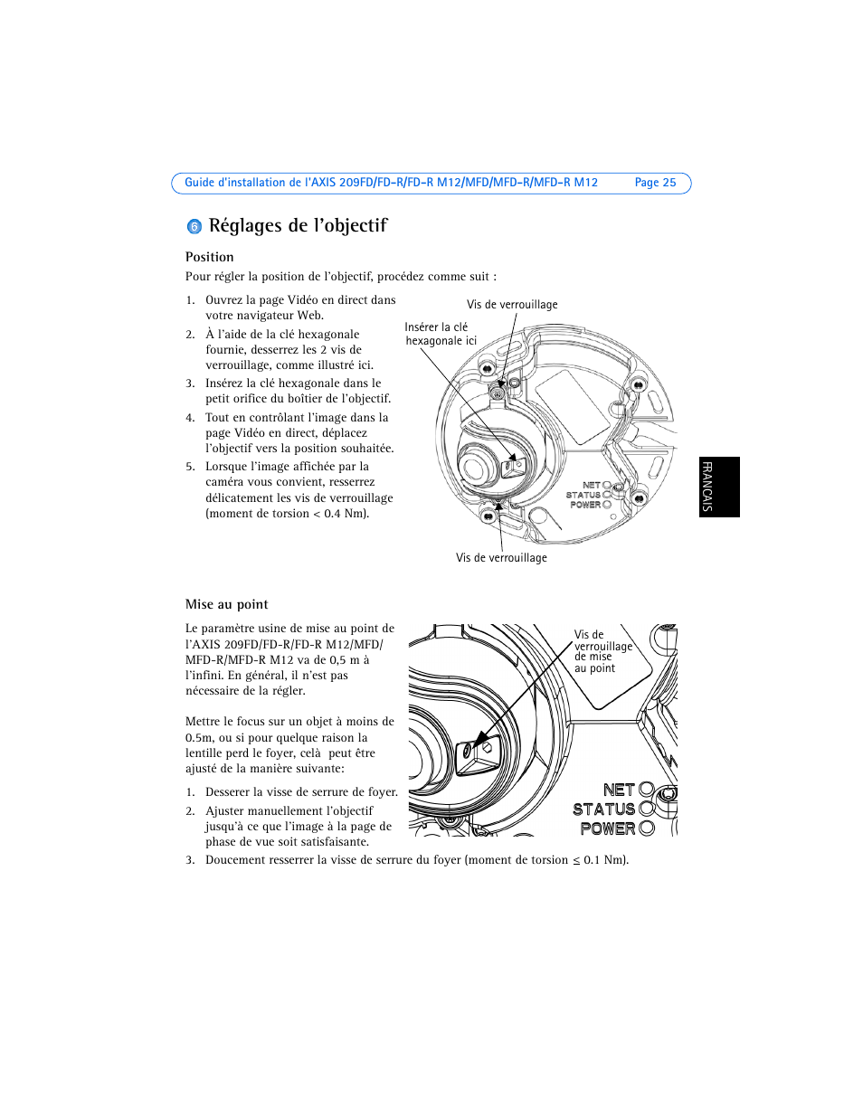 Réglages de l'objectif | Axis Communications AXIS 209FD-R User Manual | Page 25 / 73